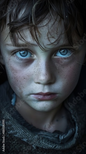 Young refugee boy with sorrowful blue eyes and a dirty face, wearing a worn-out shirt, reflects innocence, despair, and hope, showing the harsh realities of poverty and conflict photo