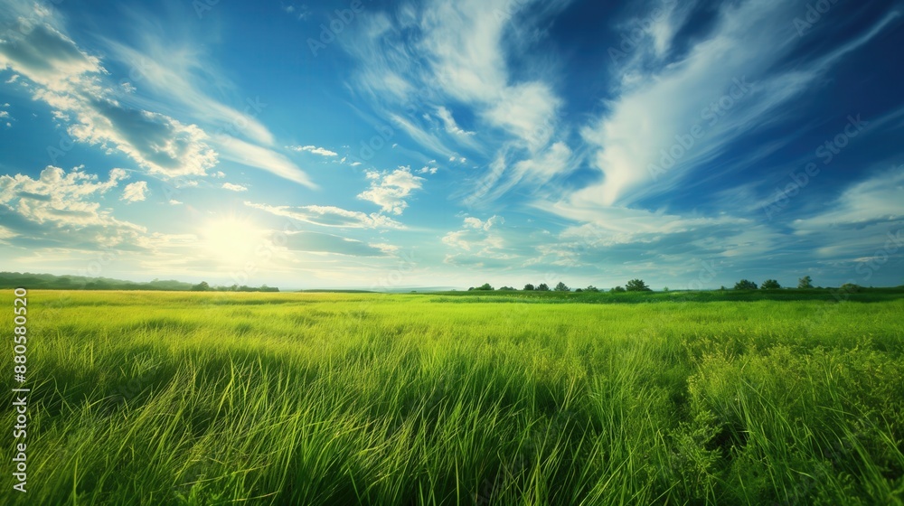 Beautiful green grass meadow with blue sky and clouds nature landscape background wide angle lens natural photo Beautiful green grass meadow with blue sky and clouds nature landscape background wide angle lens natural photo