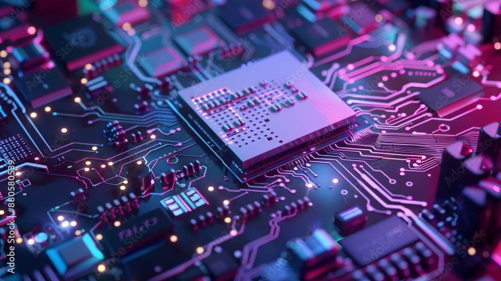 Close-up view of advanced integrated microchip on circuit board with glowing blue traces, highlighting cutting-edge semiconductor technology, electronic components, and innovation in microelectronics Close-up view of advanced integrated microchip on circuit board with glowing blue traces, highlighting cutting-edge semiconductor technology, electronic components, and innovation in microelectronics