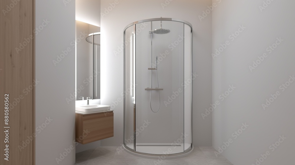 A modern bathroom with a frameless glass shower, minimalist fixtures, and a neutral color palette emphasizing the elegance and simplicity of contemporary design Illustration, Image, , Minimalism, A modern bathroom with a frameless glass shower, minimalist fixtures, and a neutral color palette emphasizing the elegance and simplicity of contemporary design Illustration, Image, , Minimalism,