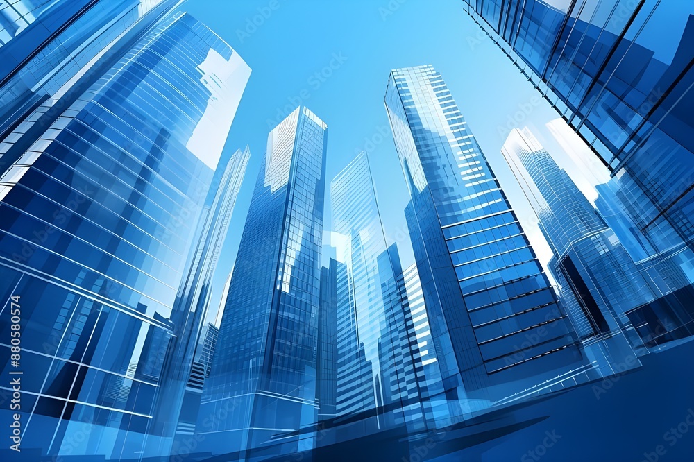 The graphic representation of modern skyscrapers in a futuristic financial district, with an architectural blue background, is suitable for corporate and business brochure templates.