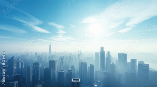 City skyline with skyscrapers foggy sky blue white color theme sunlight shining through clouds wide-angle lens cityscape urban landscape buildings stand tall against backdrop of misty atmosphere
