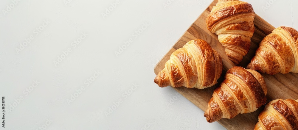 Croissants freshly placed on a wooden cutting board against a white backdrop with copy space image Croissants freshly placed on a wooden cutting board against a white backdrop with copy space image