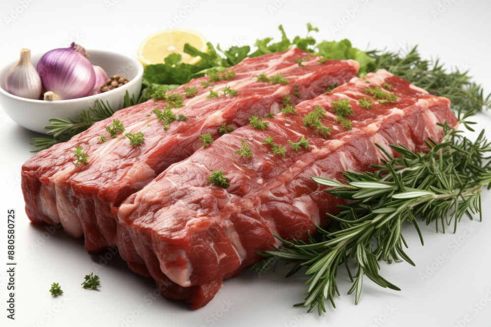 Raw lamb ribs with rosemary on white background Raw lamb ribs with rosemary on white background