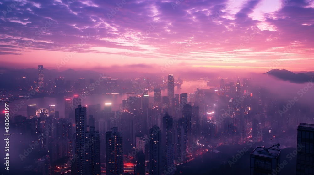 Purple sunrise over city with view from above skyline Skyscrapers bay are visible in background misty ethereal dreamlike scene with cyberpunk aesthetic Purple sunrise over city with view from above skyline Skyscrapers bay are visible in background misty ethereal dreamlike scene with cyberpunk aesthetic