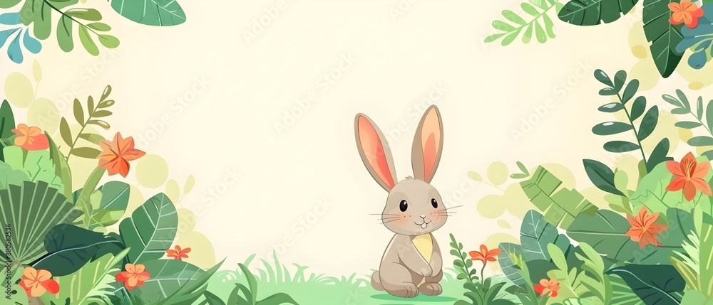 Cute Cartoon Happy Rabbit in Idyllic Garden with Themed Frame for Mockup Background Cute Cartoon Happy Rabbit in Idyllic Garden with Themed Frame for Mockup Background