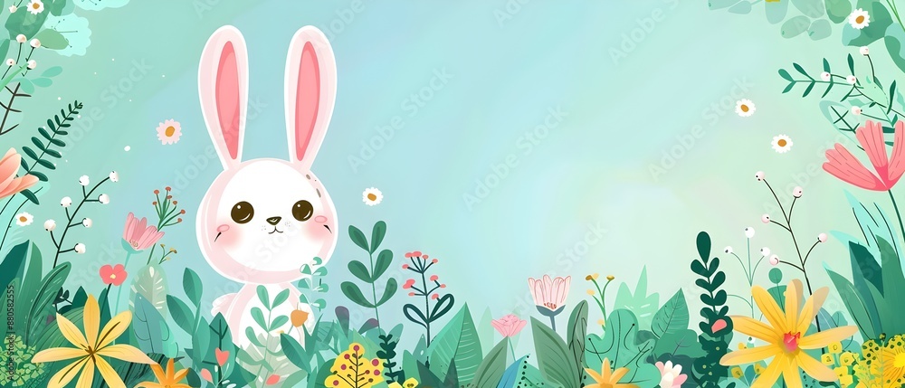 Cute Cartoon Rabbit in Lush Garden with Floral Frame Border and Blank Space for Message Cute Cartoon Rabbit in Lush Garden with Floral Frame Border and Blank Space for Message
