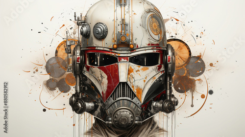 Minimalistic Portrait Of A Pretty Female Face With Gear And Retro Technology Elements Splatter Painting