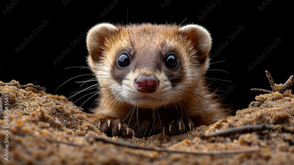 Curious mountain weasel peeks from burrow, gazing with bright eyes against black background, showcasing wildlife beauty in wilderness Curious mountain weasel peeks from burrow, gazing with bright eyes against black background, showcasing wildlife beauty in wilderness