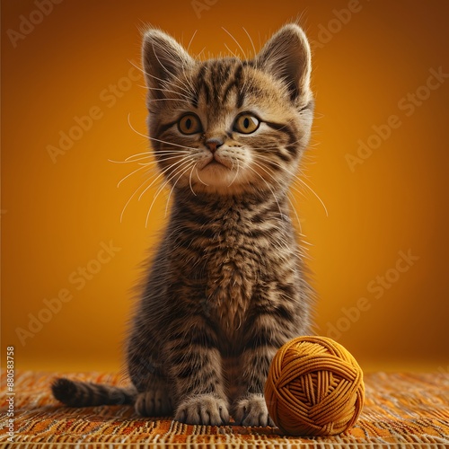 Adorable tabby kitten sitting on orange background with yarn ball, perfect for pet lovers and cute animal enthusiasts. photo