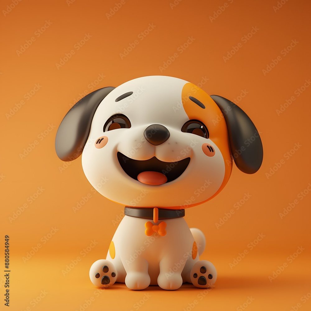 Naklejka premium Cute 3D cartoon puppy with orange background, smiling and sitting happily, perfect for children's illustrations.