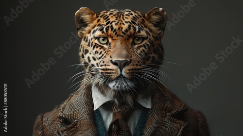Regal leopard dressed in a tweed suit and tie sits for a portrait showing the humanization of wildlife and strength of the animal kingdom