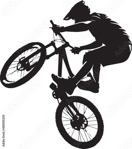Abstract silhouette of a rider, man is doing a trick, isolated on a white background. Mountain cycling sport transport. Vector illustration