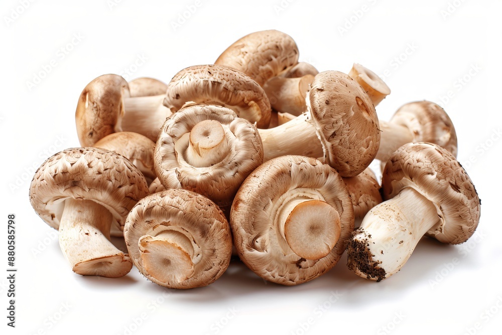 A pile of fresh brown mushrooms on a white background A pile of fresh brown mushrooms on a white background