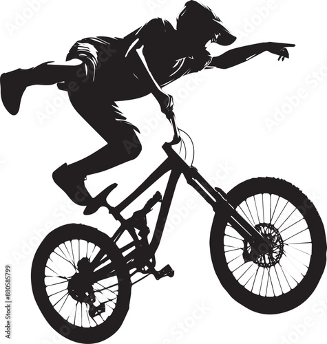 Abstract silhouette of a rider, man is doing a trick, isolated on a white background. Mountain cycling sport transport. Vector illustration
