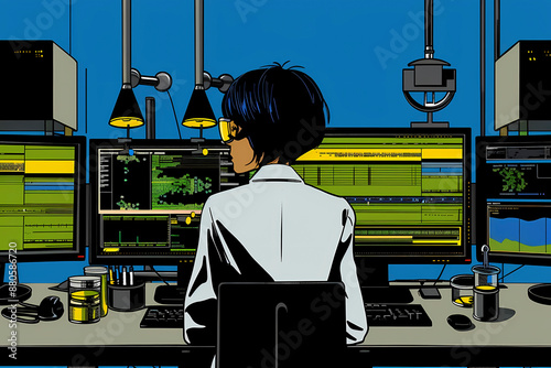 A scientist sits in a high-tech lab environment, monitoring various computer screens displaying data and graphics, with a focus on analysis and scientific research.