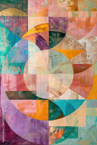 An abstract painting of some pastel color geometric shapes