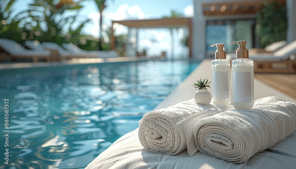 Fototapeta premium lotion and spray bottle mockup on a beautiful swimming pool generated by AI
