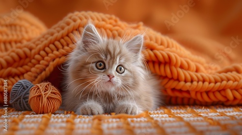 Adorable fluffy kitten peeking from under an orange knitted blanket with yarn balls, creating a cozy and playful scene. photo