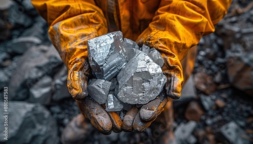 Miners examining platinum, silver, or rare earth minerals found in a mine.