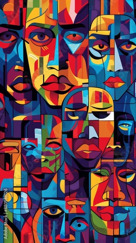 Wallpaper Mural Vibrant artwork celebrating diversity with faces in abstract cubism. Bold colors and geometric shapes express human emotions Torontodigital.ca