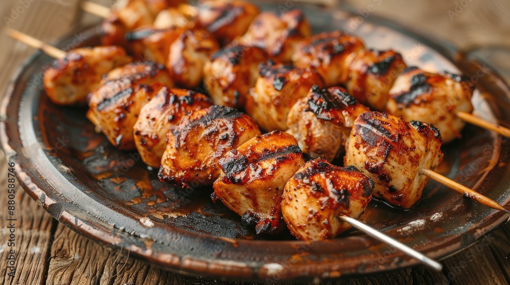 Grilled chicken skewers on a plate. Tasty and savory barbecue dish perfect for summer cookouts. Grilled chicken skewers on a plate. Tasty and savory barbecue dish perfect for summer cookouts.