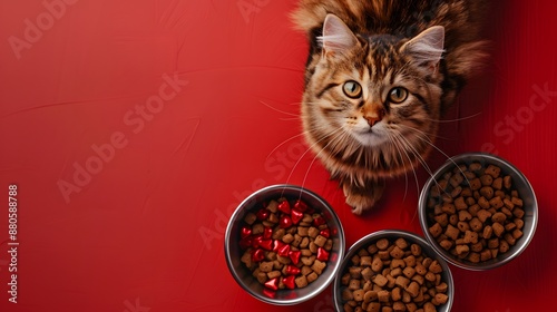 Cute cat looking up beside bowls of cat food on a red background. Perfect for pet food advertising and pet care related themes.