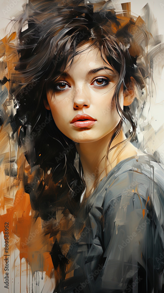 Young Women Portrait With Contemporary Oil Painting On Canvas Young Women Portrait With Contemporary Oil Painting On Canvas