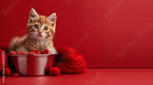 Cute orange tabby kitten sitting in a bowl surrounded by red yarn balls, isolated on red background. photo