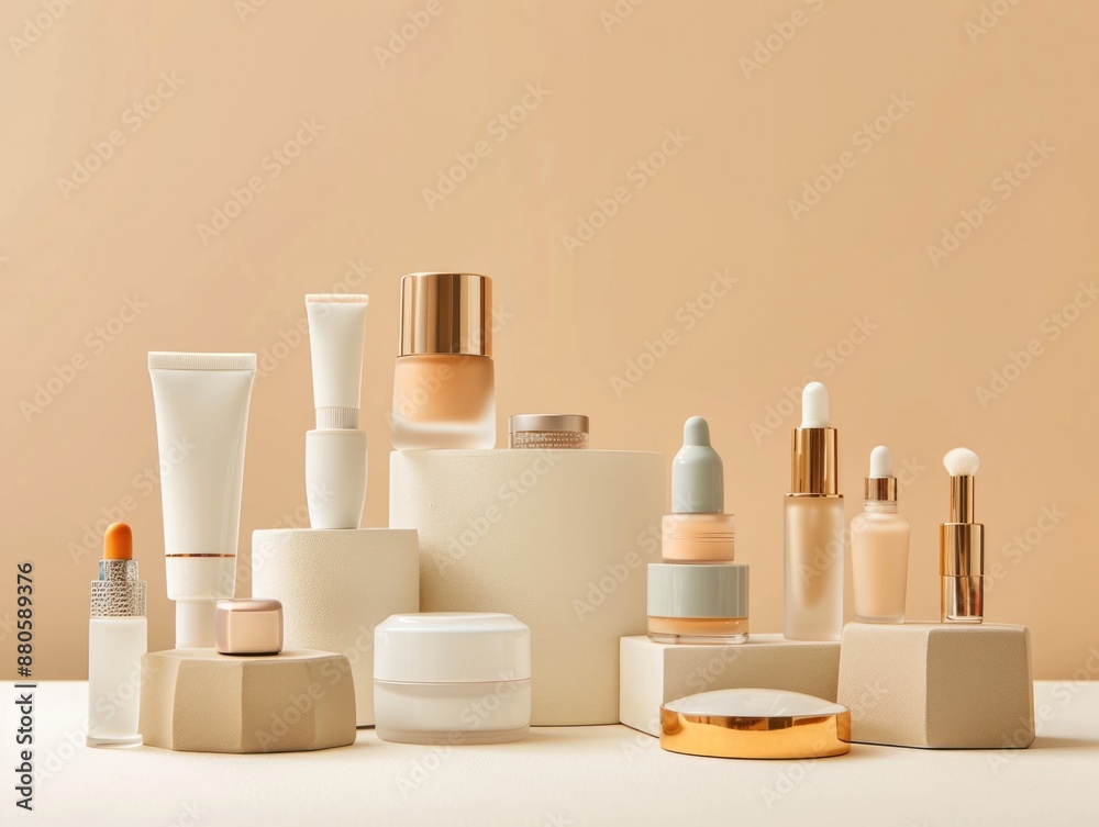 A selection of beauty products on a flat surface, ideal for advertising or editorial use A selection of beauty products on a flat surface, ideal for advertising or editorial use