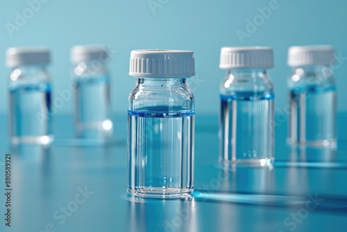 Close-up of clear glass vials with metallic lids against blue background.