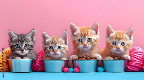 Four adorable kittens sitting in bowls with colorful yarn against a pink background, creating a cute and joyful scene. photo