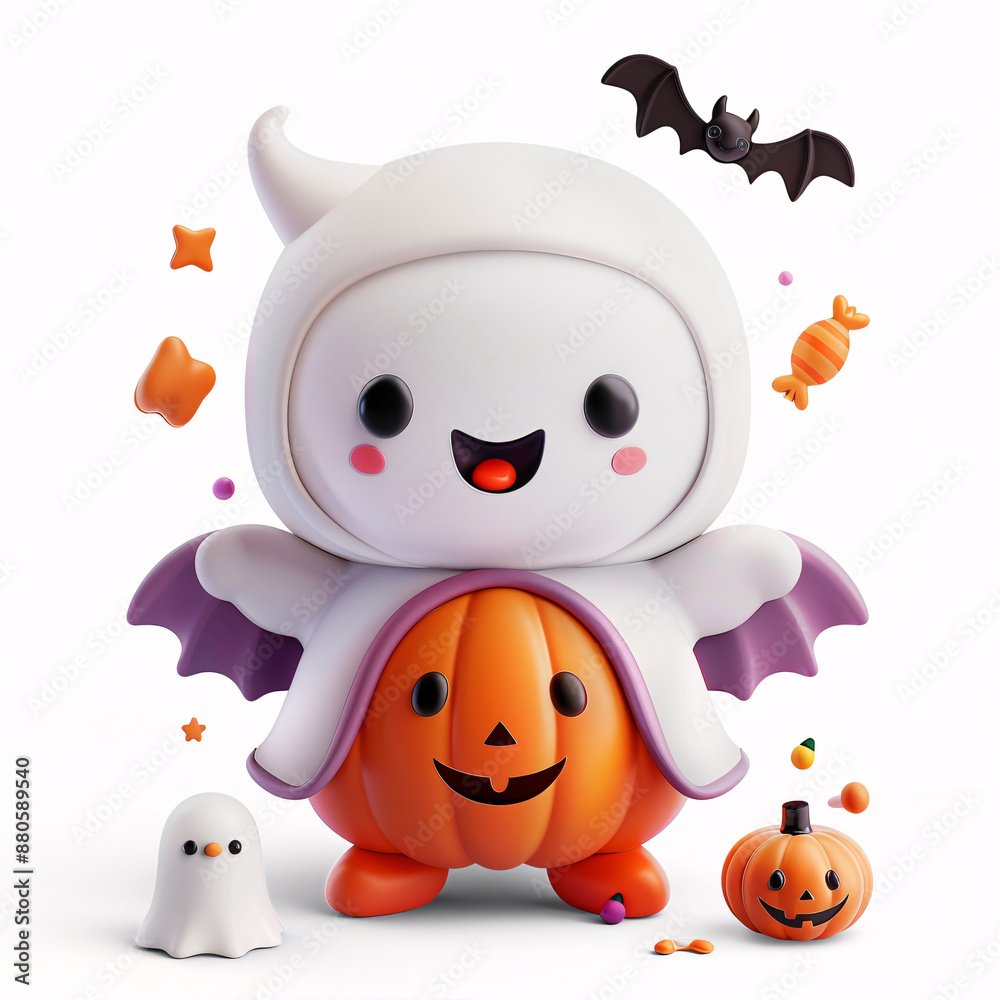 Naklejka premium Whimsical Kawaii Halloween Character with PumpkinsBatsGhostsand Candies in Playful 3D Rendering