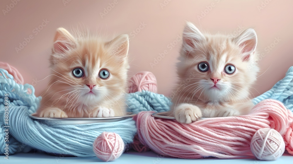 Two adorable kittens in cozy nests of pink and blue yarn, with large eyes and fluffy fur, looking curiously at the camera. Two adorable kittens in cozy nests of pink and blue yarn, with large eyes and fluffy fur, looking curiously at the camera.