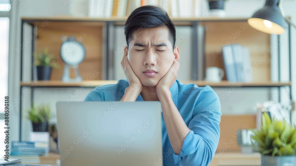 Stress, burnout, and neck pain Asian man with headache, anxiety, and depression working with laptop on report, audit in office. Frustrated and tired businessman with mental health overworked Stress, burnout, and neck pain Asian man with headache, anxiety, and depression working with laptop on report, audit in office. Frustrated and tired businessman with mental health overworked