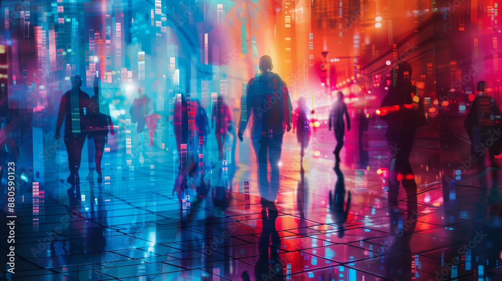 Obraz premium A vibrant sci-fi scene with pedestrians in a digital city, a best-seller abstract with a wallpaper feel, serving as a dynamic and captivating background 