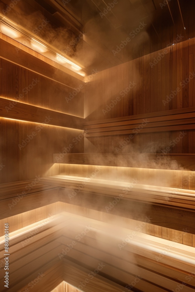 A sauna room filled with steam, ideal for relaxation and rejuvenation A sauna room filled with steam, ideal for relaxation and rejuvenation