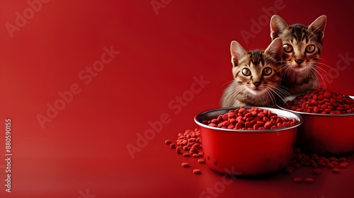 Two adorable kittens with big eyes sitting by bowls of red cat food on a matching red background, looking curious and playful. photo