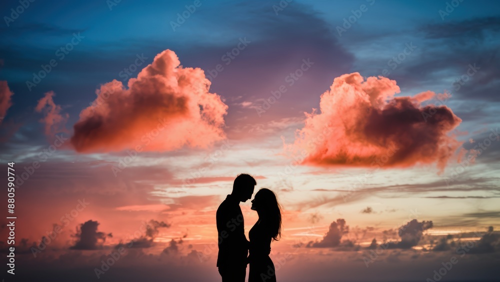 A couple standing in front of a sunset with clouds, AI A couple standing in front of a sunset with clouds, AI