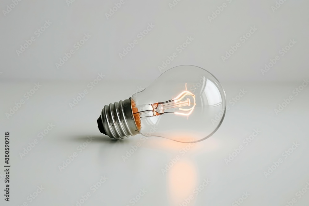 Glowing light bulb on a plain white background. Warm glow contrasts with minimalist setting. Simple beauty of everyday illumination. Glowing light bulb on a plain white background. Warm glow contrasts with minimalist setting. Simple beauty of everyday illumination.