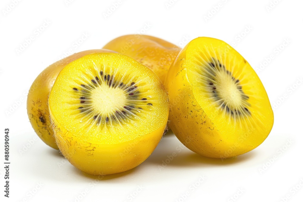 Fresh kiwi fruit cut in half on a white background, ideal for food and still life photography Fresh kiwi fruit cut in half on a white background, ideal for food and still life photography
