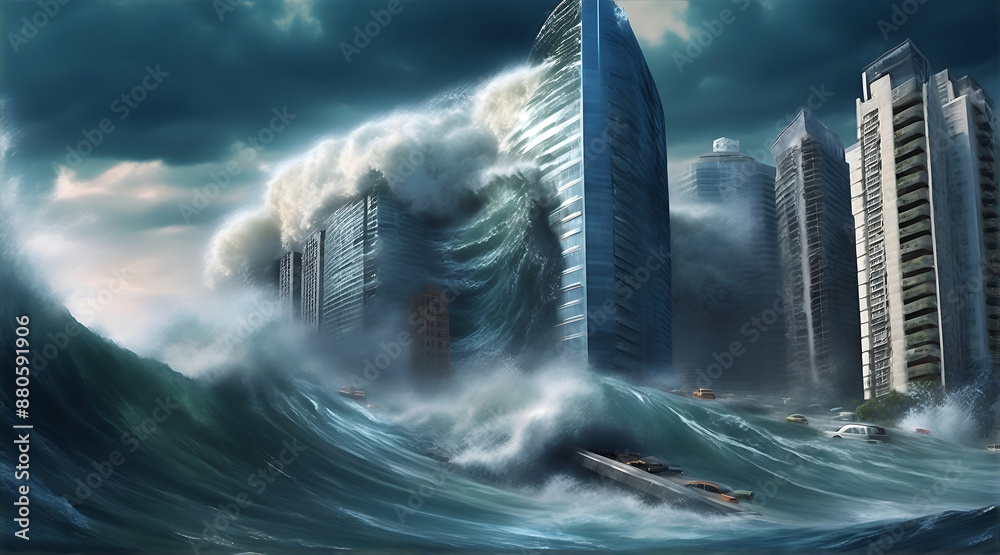 A huge tsunami wave covers the coastal city with modern skyscrapers ...