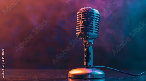 Modern microphone with podcast icon, professional recording equipment for broadcasting and online audio content