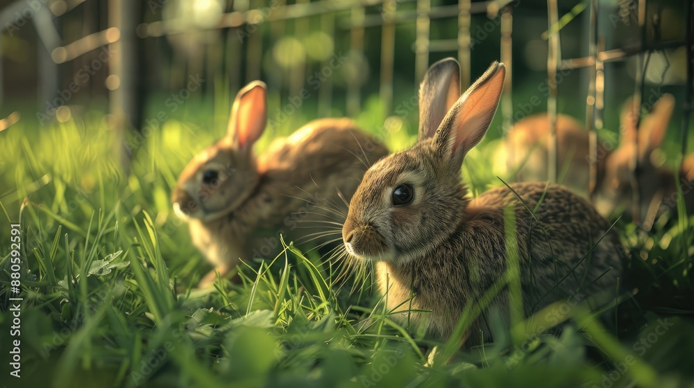 Obraz premium Rabbits in small pens eat grass outdoors