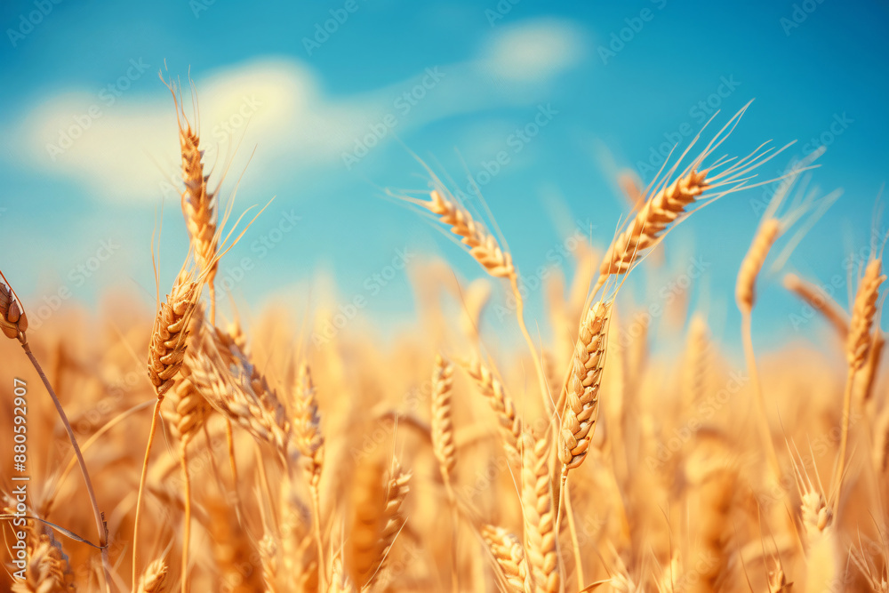 Golden wheat field with blue sky background. Summer harvest concept. Vintage tone. Shallow depth of focus, bokeh effect Golden wheat field with blue sky background. Summer harvest concept. Vintage tone. Shallow depth of focus, bokeh effect