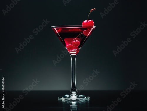 A glass filled with red liquid topped with a single cherry, great for still life photography or product illustrations