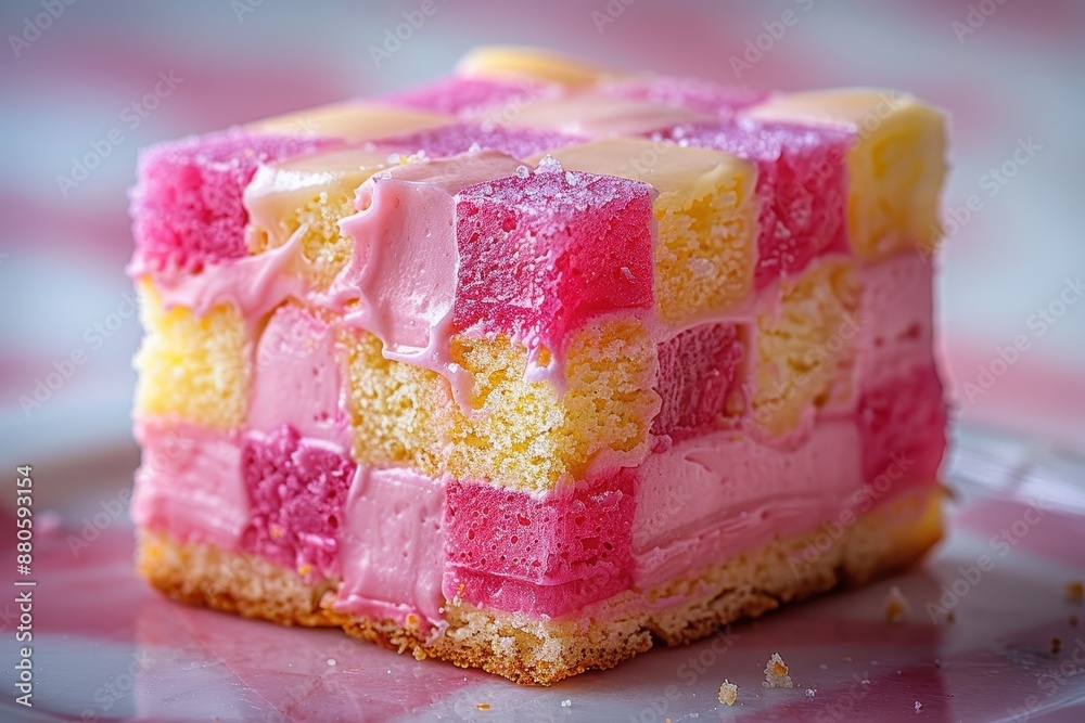 A slice of Battenberg cake, with its distinctive pink and yellow checkered pattern, wrapped in marzipan. A slice of Battenberg cake, with its distinctive pink and yellow checkered pattern, wrapped in marzipan.