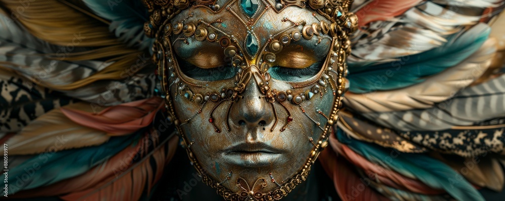 Closeup of a person wearing an ornate and exotic feathered mask with intricate designs, highlighting their eyes. Mysterious and captivating. Closeup of a person wearing an ornate and exotic feathered mask with intricate designs, highlighting their eyes. Mysterious and captivating.