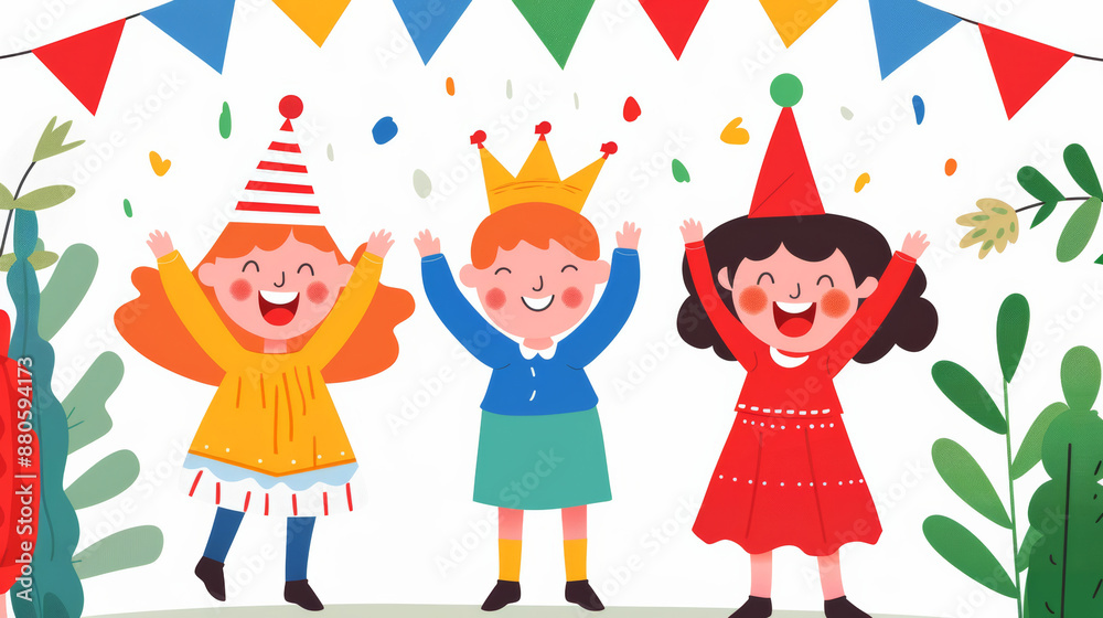 '' Jewish children dancing during a Purim celebration with colorful costumes and festive decorations '' Jewish children dancing during a Purim celebration with colorful costumes and festive decorations