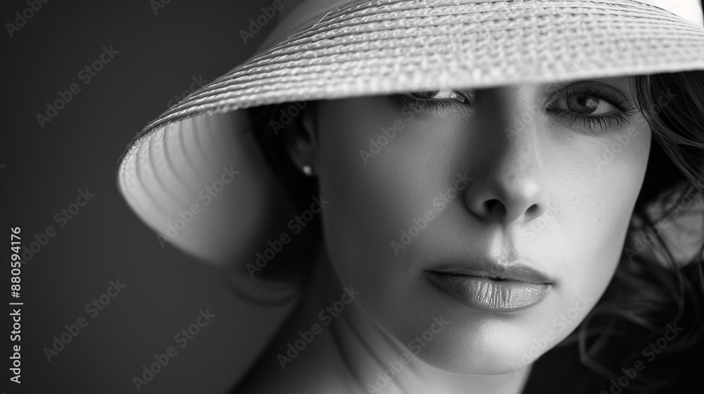 Beautiful young woman with a sun hat partially obscuring her face, creating a mysterious and alluring atmosphere. The black and white photography adds to the timeless elegance of the portrait Beautiful young woman with a sun hat partially obscuring her face, creating a mysterious and alluring atmosphere. The black and white photography adds to the timeless elegance of the portrait